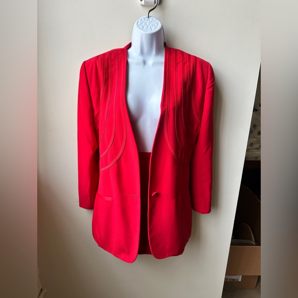 VTG Red Power Suit Skirt Set Women’s Blazer & Mini Skirt Office Career 80s 90s